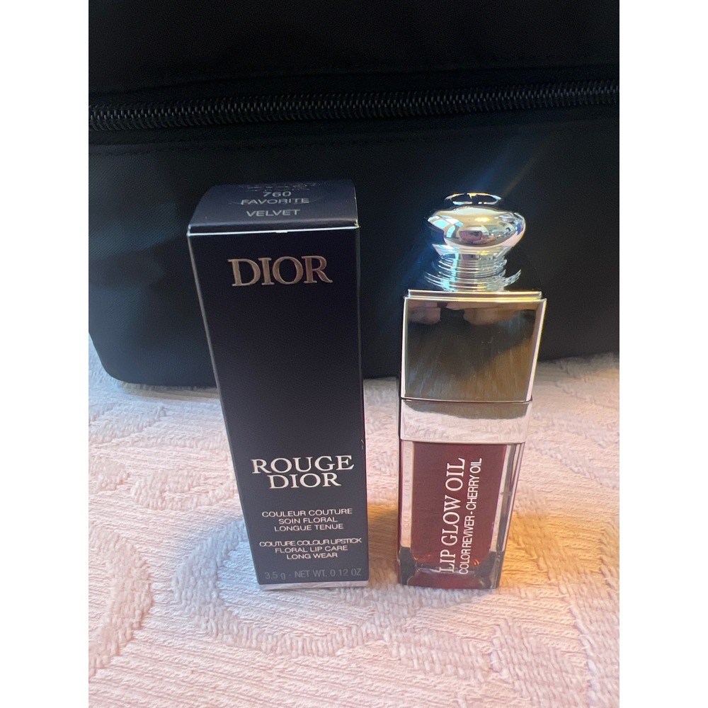 Dior Bundle-Black Vanity Case Rouge Dior 760 Lipstick & Lip Glow Oil Cherry Set - Picture 4 of 7